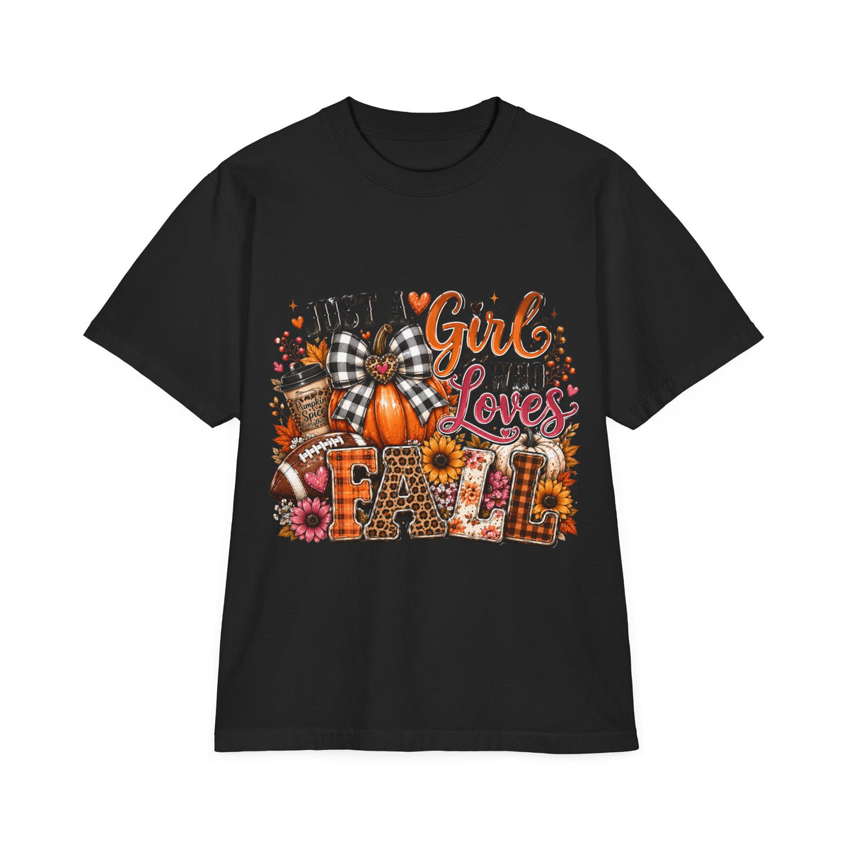 Fall Graphic T‑Shirt — "Just a Girl Who Loves Fall" Pumpkin Plaid Tee