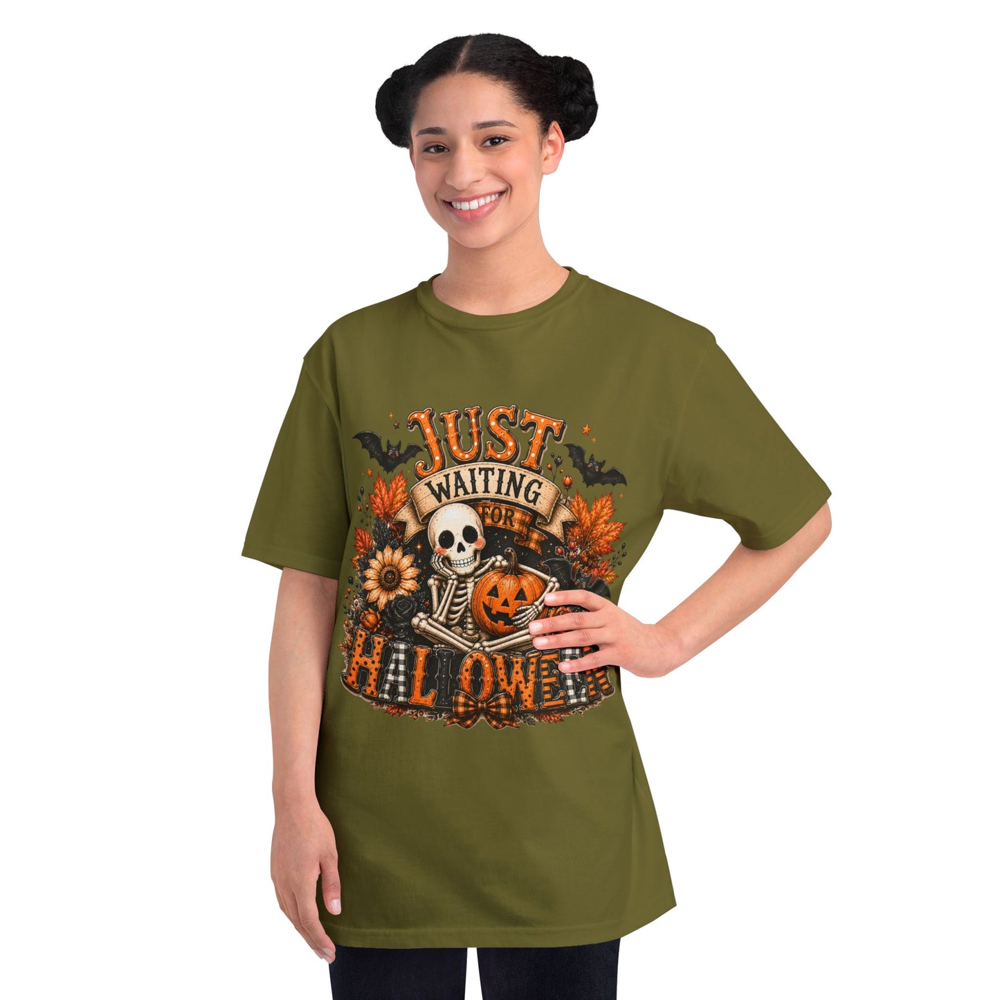 Just Waiting for Halloween T-Shirt — Skeleton Pumpkin Autumn Graphic Tee