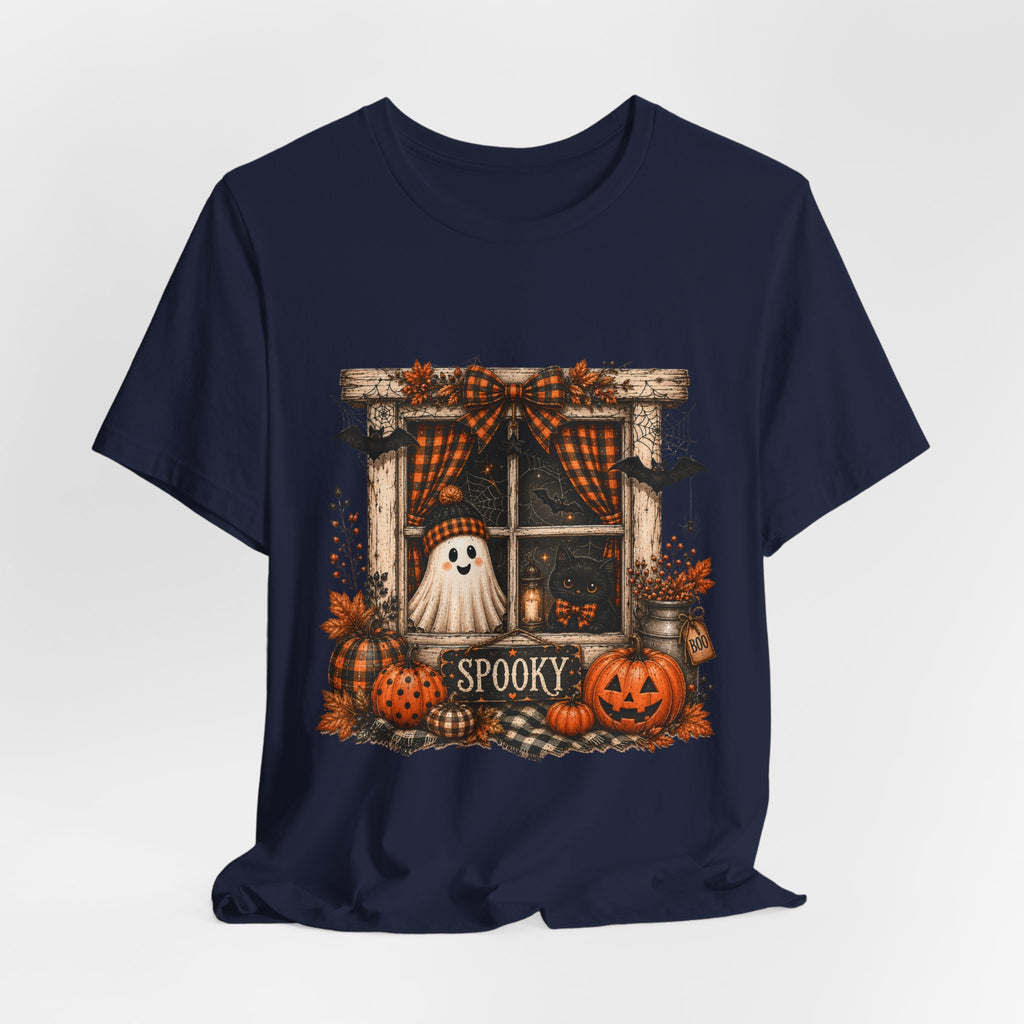 Spooky Window Halloween Tee — Ghost, Pumpkins & Plaid Fall Shirt