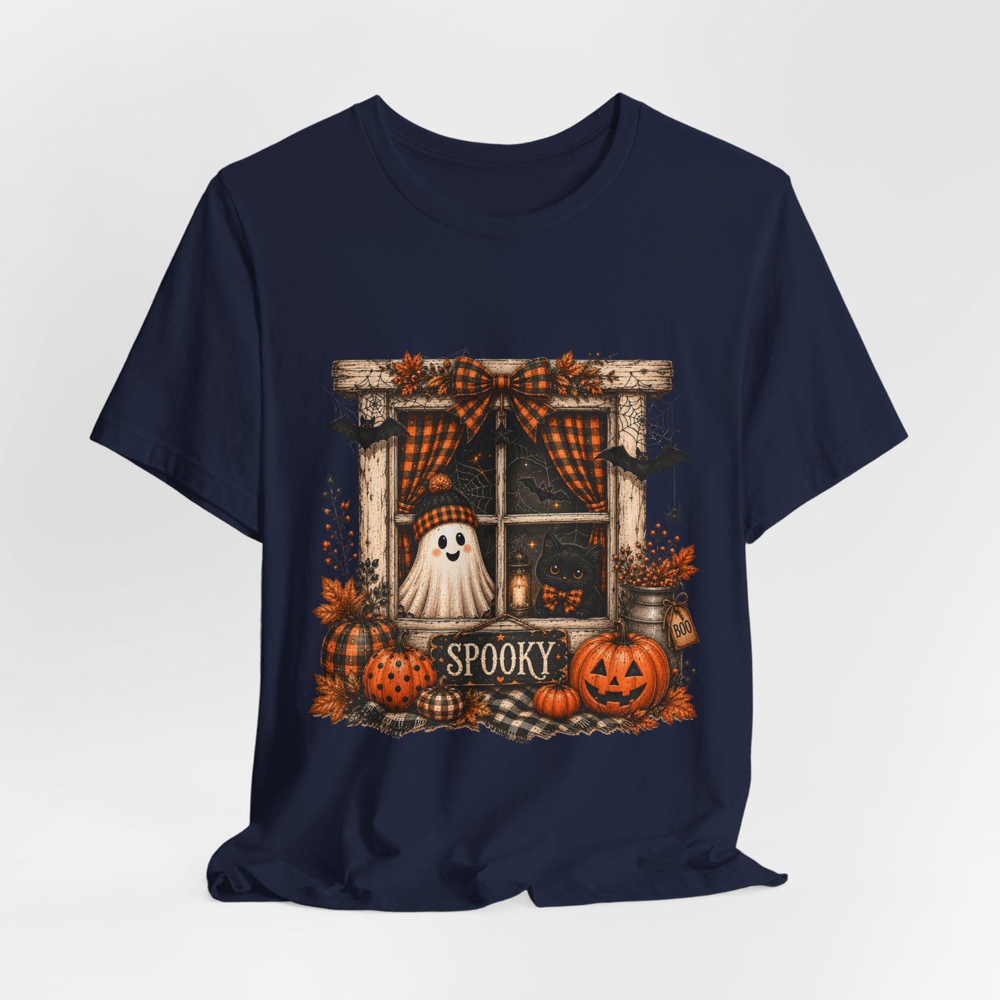 Spooky Window Halloween Tee — Ghost, Pumpkins & Plaid Fall Shirt