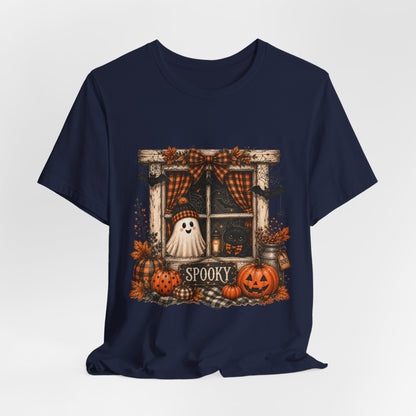 Spooky Window Halloween Tee — Ghost, Pumpkins & Plaid Fall Shirt