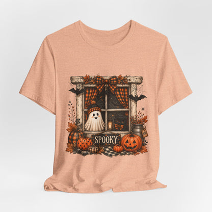 Spooky Window Halloween Tee — Ghost, Pumpkins & Plaid Fall Shirt