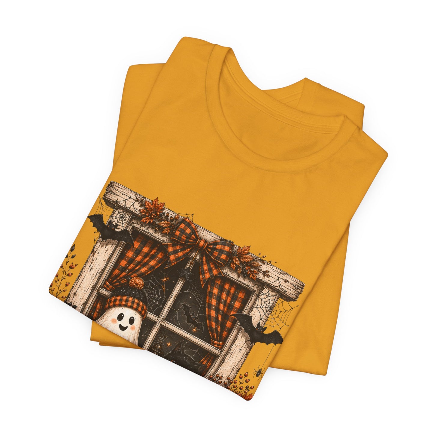 Spooky Window Halloween Tee — Ghost, Pumpkins & Plaid Fall Shirt