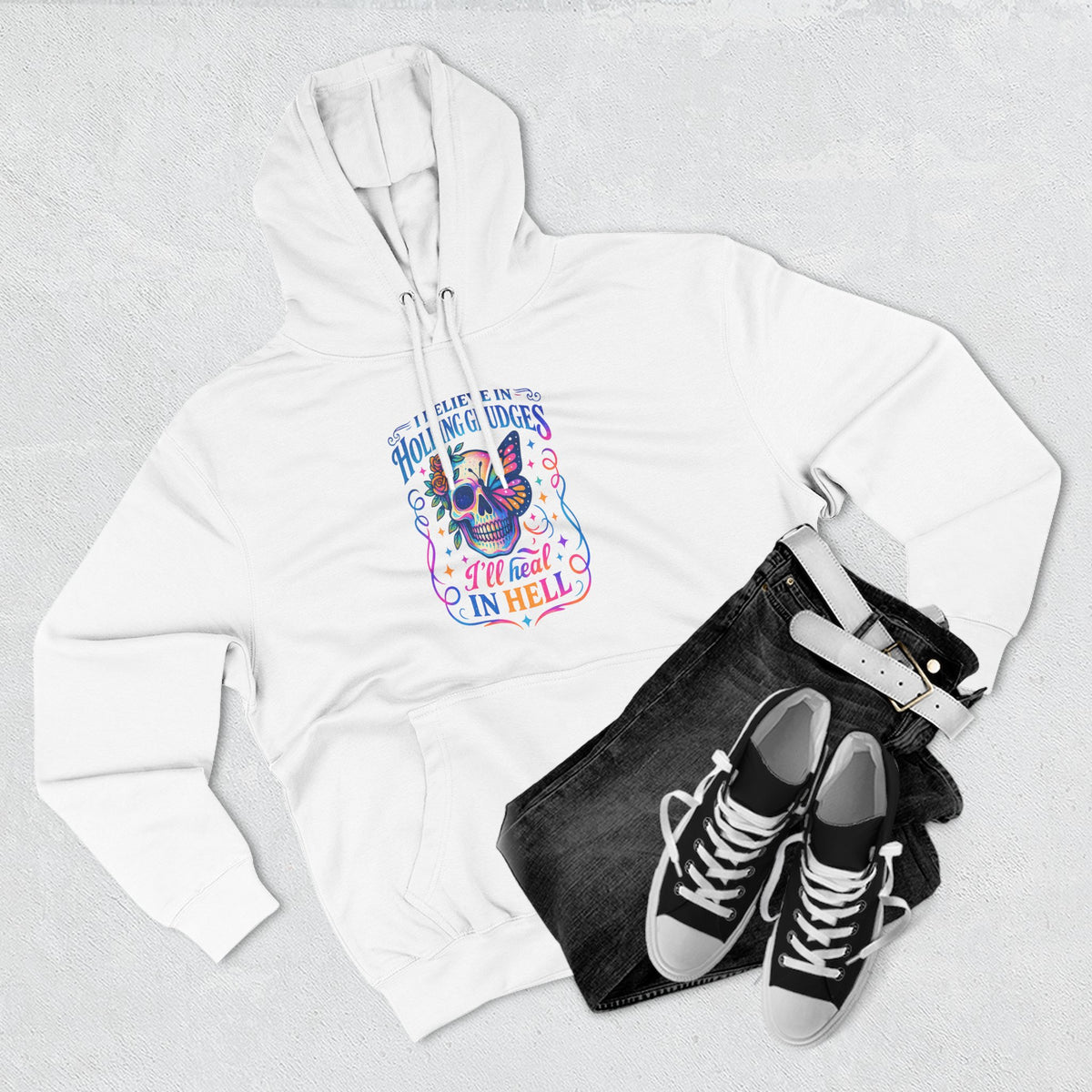 Skull & Butterfly Hoodie — "I Believe in Holding Grudges, I’ll Meet You in Hell" Graphic Hoodie