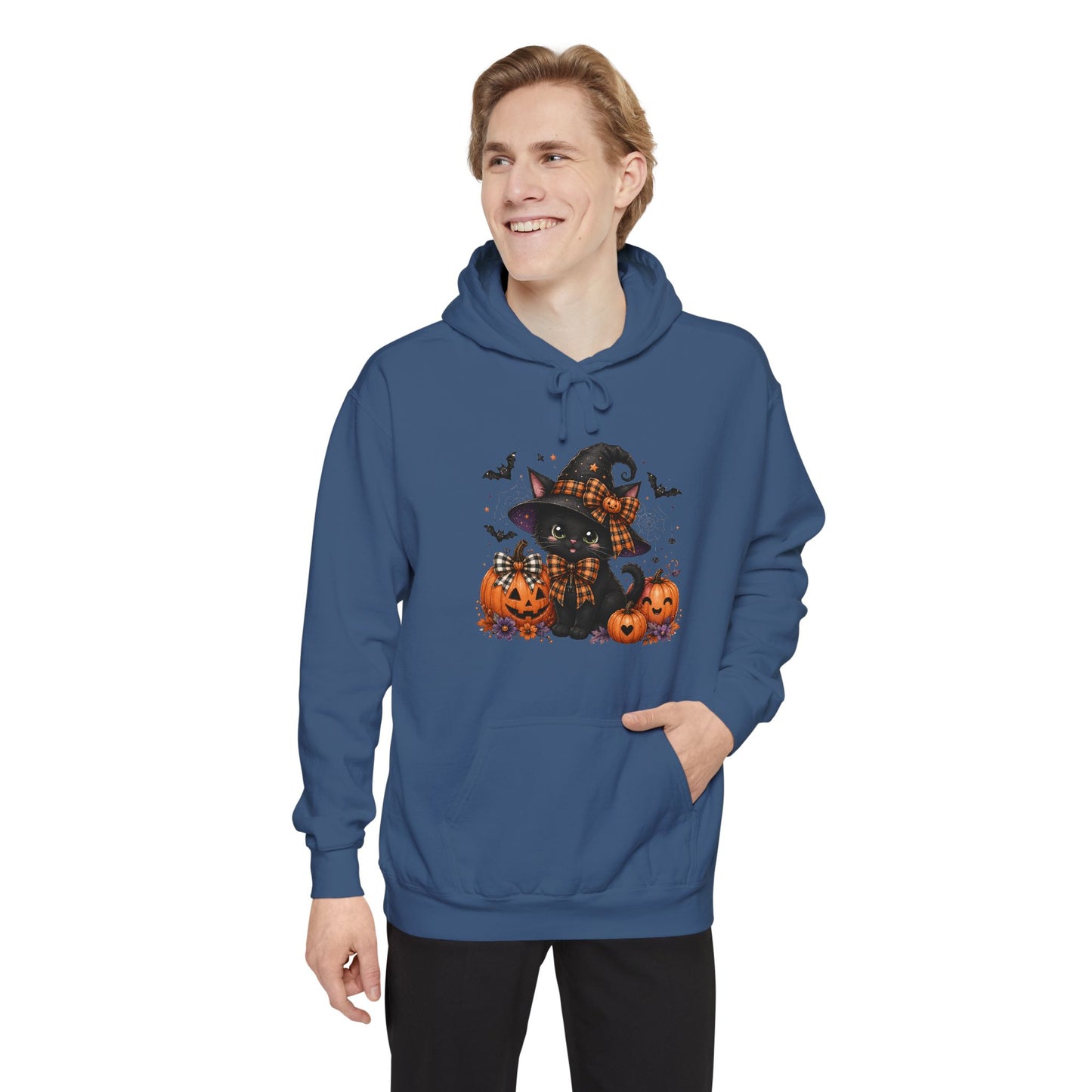 Halloween Cat Hoodie — Witch Hat Black Cat with Pumpkins & Bats