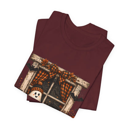 Spooky Window Halloween Tee — Ghost, Pumpkins & Plaid Fall Shirt