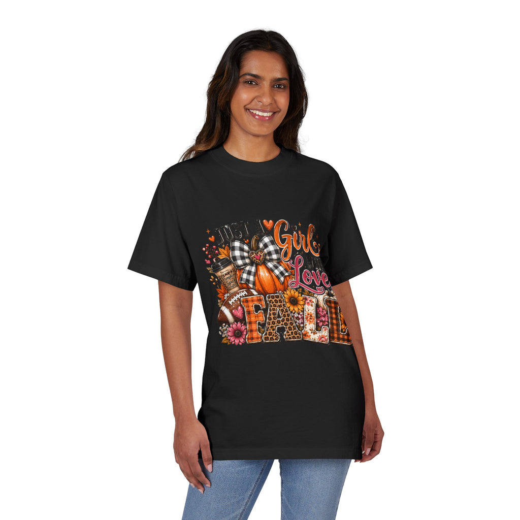 Fall Graphic T‑Shirt — "Just a Girl Who Loves Fall" Pumpkin Plaid Tee