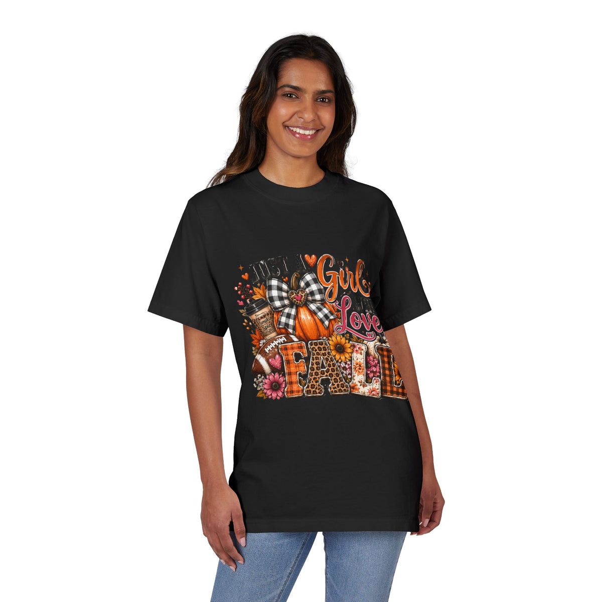 Fall Graphic T‑Shirt — "Just a Girl Who Loves Fall" Pumpkin Plaid Tee