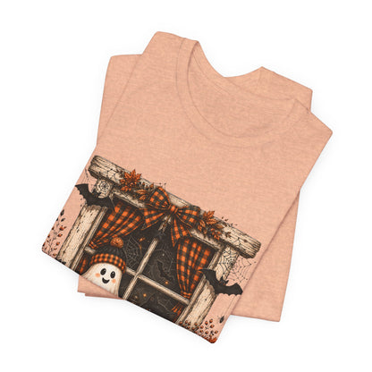 Spooky Window Halloween Tee — Ghost, Pumpkins & Plaid Fall Shirt