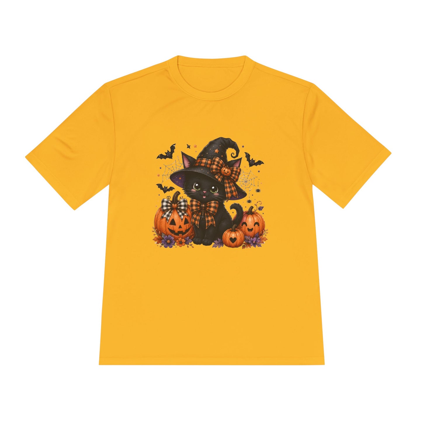 Halloween Witch Cat Tee — Cute Black Cat with Pumpkins & Bats Moisture‑Wicking Shirt