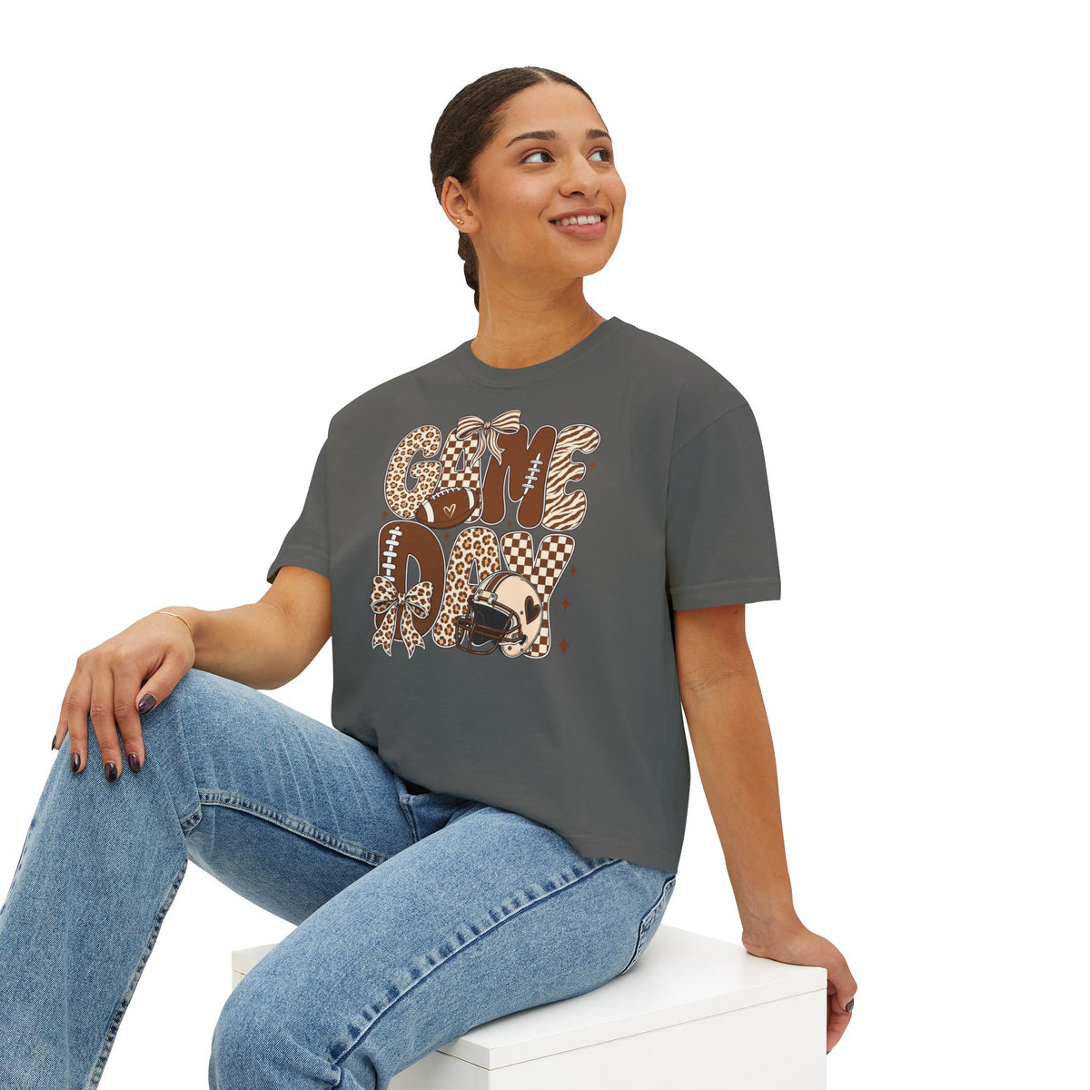 Game Day Tee — Leopard Print "Game Day" Football Graphic Women's Boxy Tee