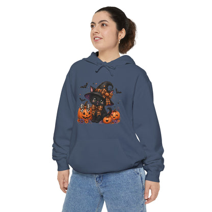 Halloween Cat Hoodie — Witch Hat Black Cat with Pumpkins & Bats