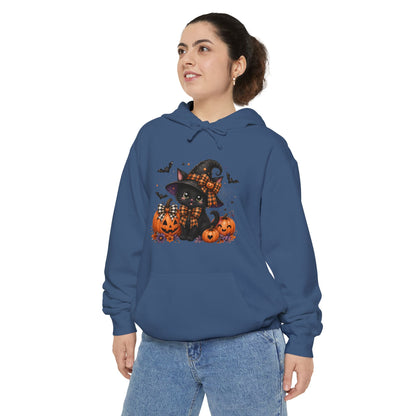 Halloween Cat Hoodie — Witch Hat Black Cat with Pumpkins & Bats