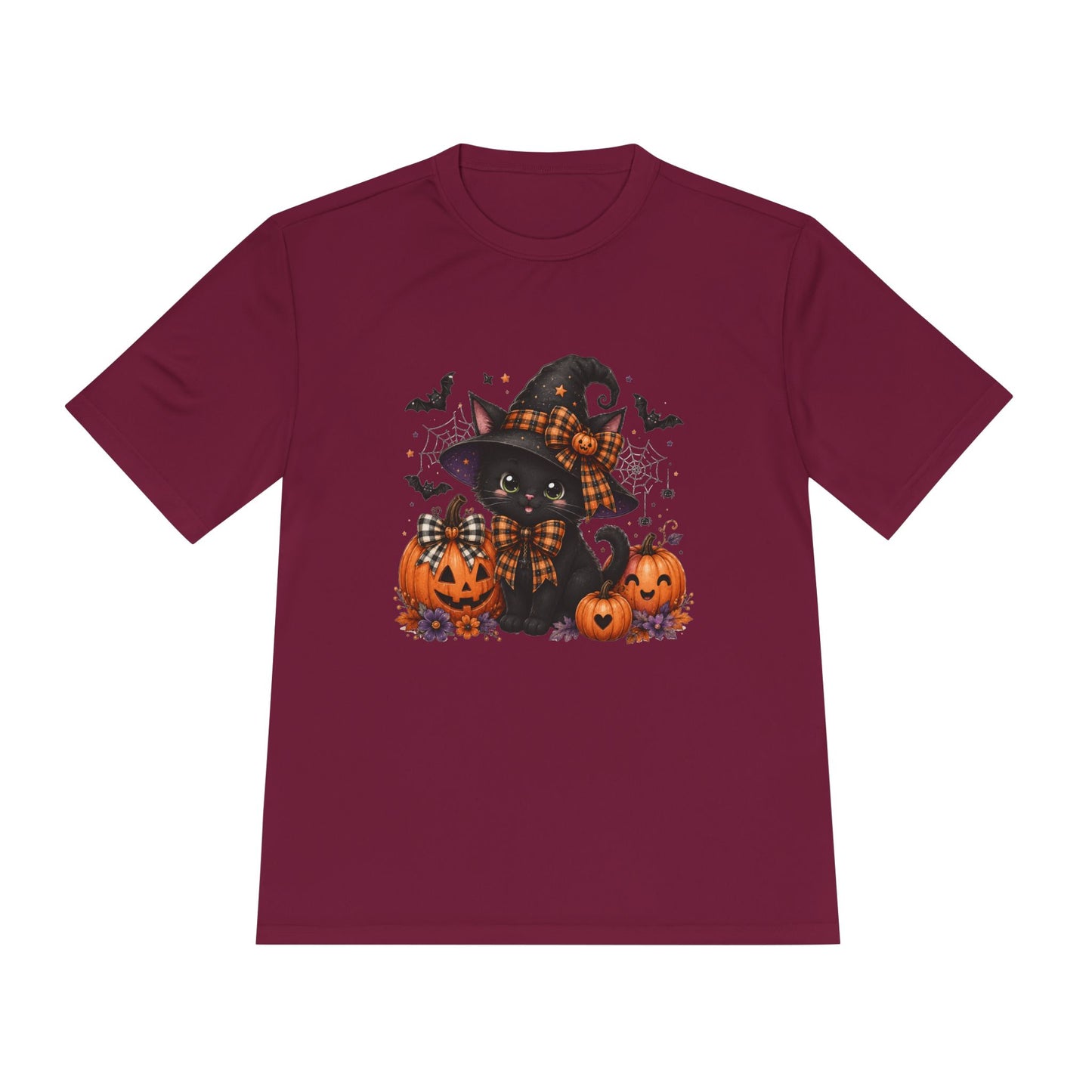 Halloween Witch Cat Tee — Cute Black Cat with Pumpkins & Bats Moisture‑Wicking Shirt