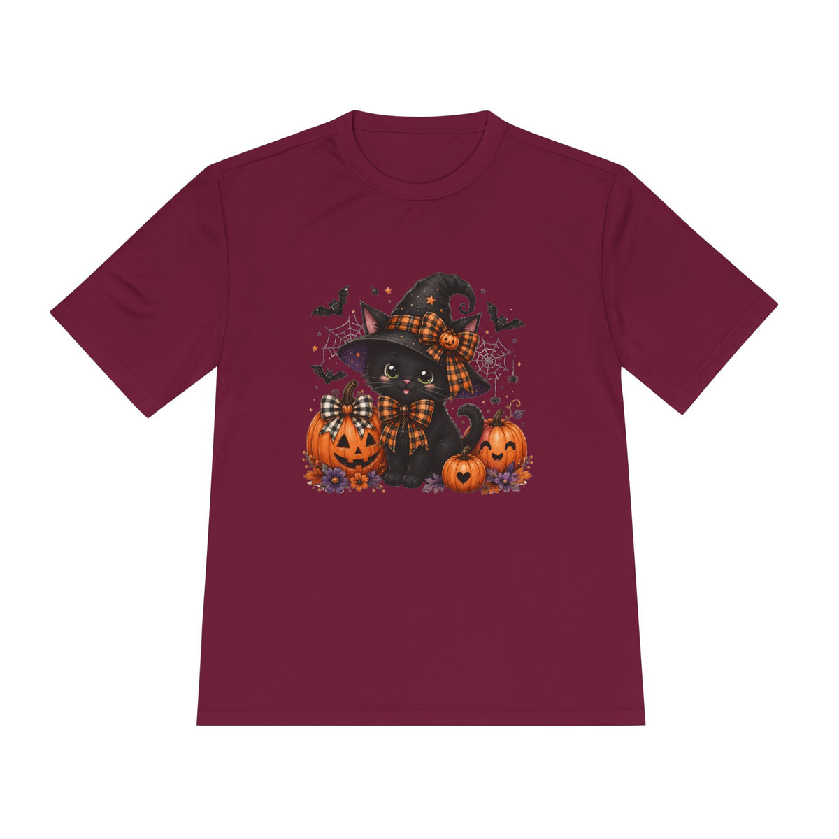 Halloween Witch Cat Tee — Cute Black Cat with Pumpkins & Bats Moisture‑Wicking Shirt