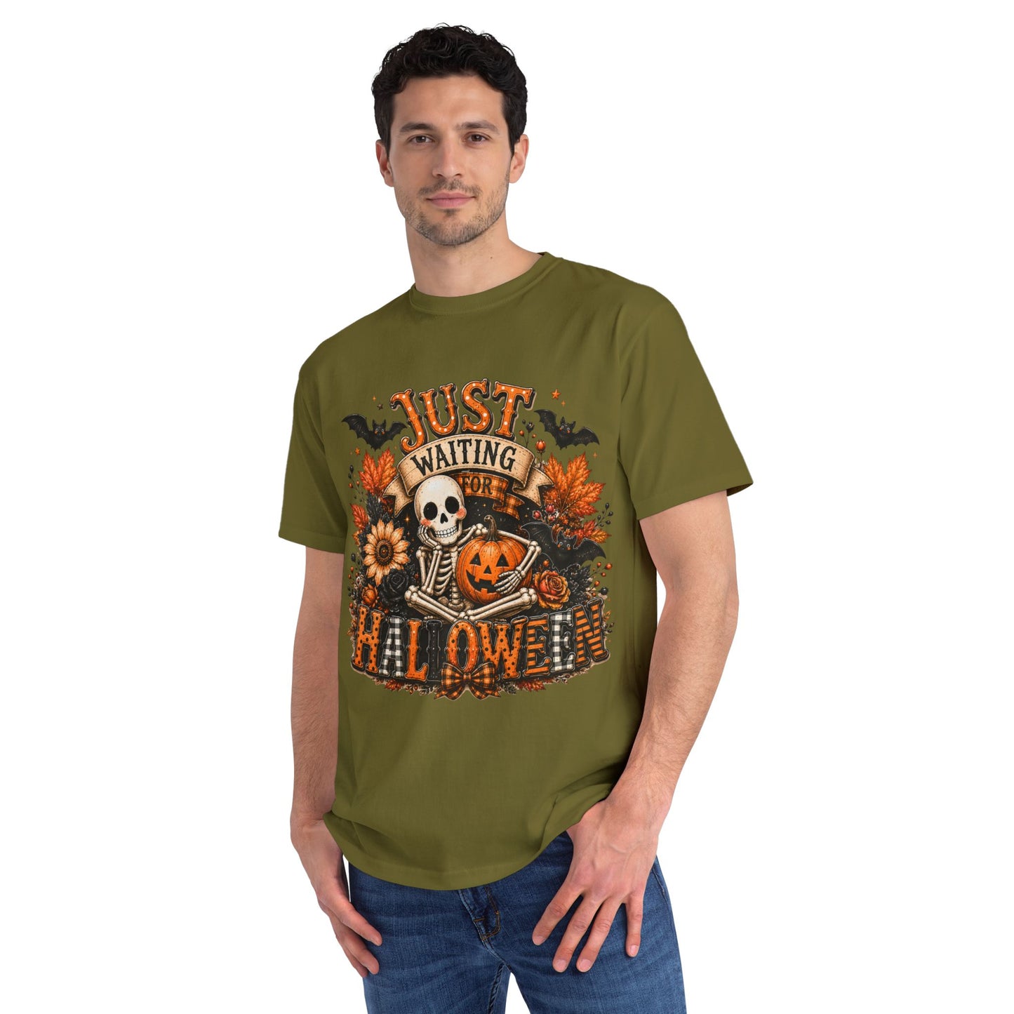 Just Waiting for Halloween T-Shirt — Skeleton Pumpkin Autumn Graphic Tee