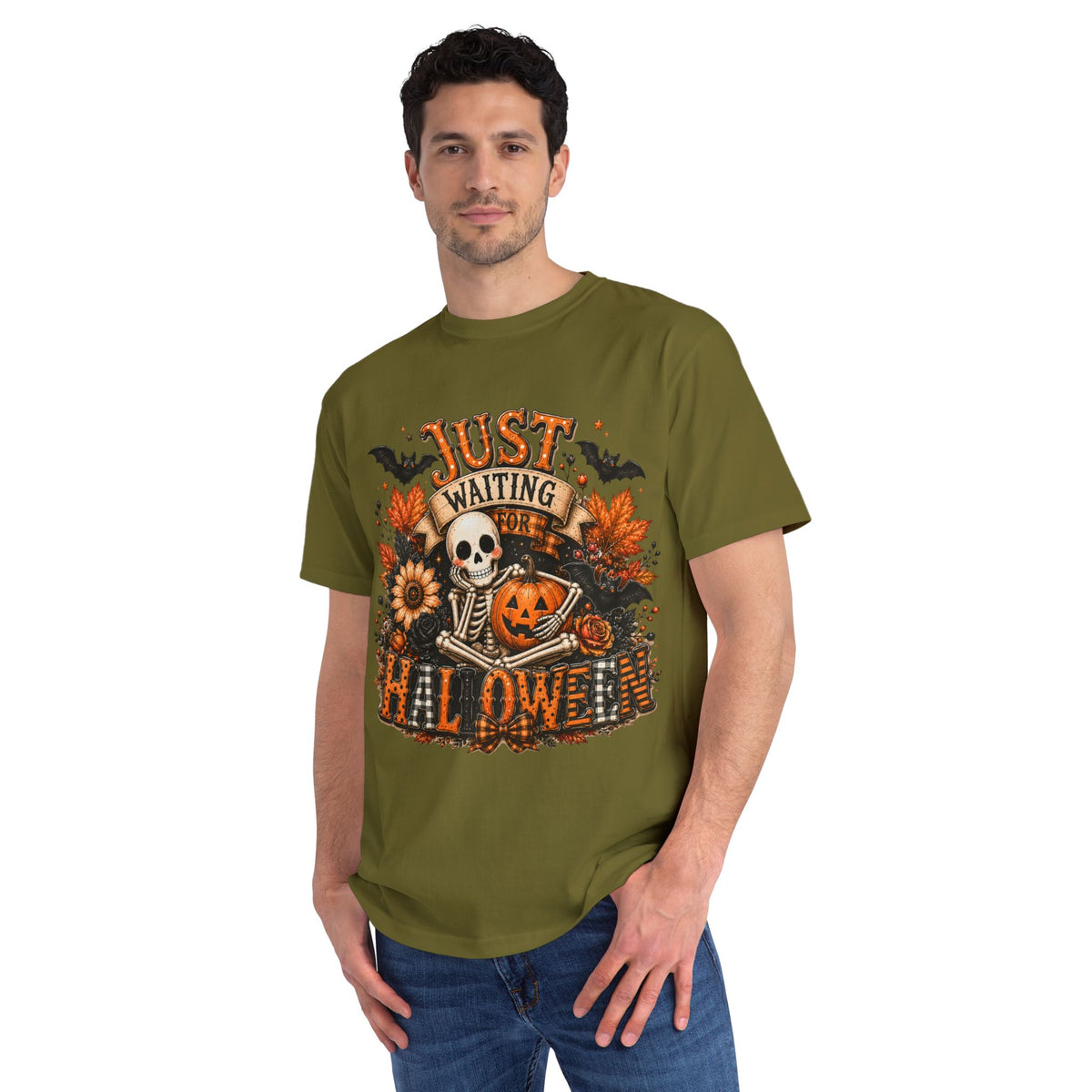 Just Waiting for Halloween T-Shirt — Skeleton Pumpkin Autumn Graphic Tee