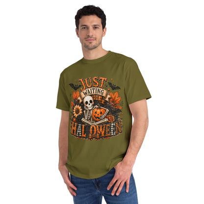 Just Waiting for Halloween T-Shirt — Skeleton Pumpkin Autumn Graphic Tee