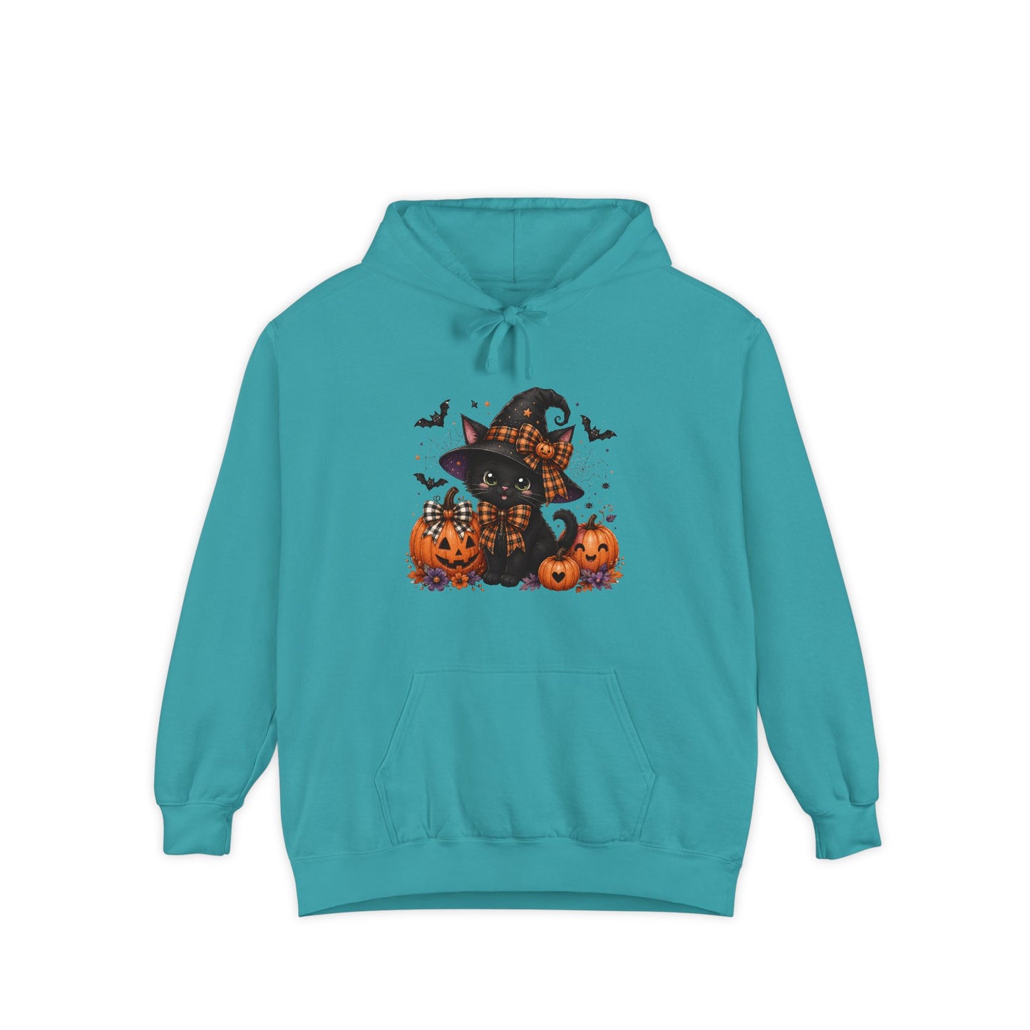 Halloween Cat Hoodie — Witch Hat Black Cat with Pumpkins & Bats