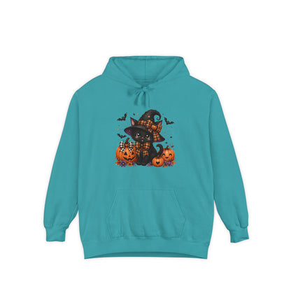 Halloween Cat Hoodie — Witch Hat Black Cat with Pumpkins & Bats