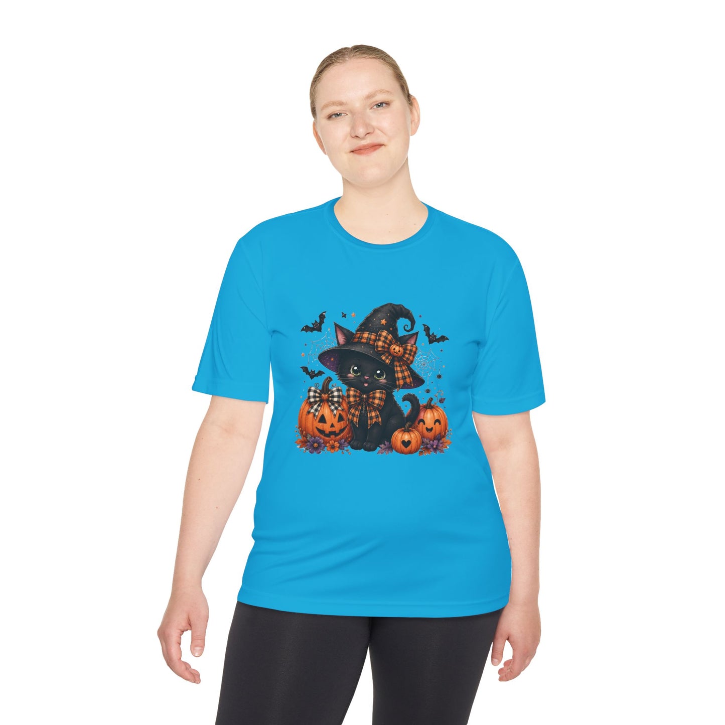 Halloween Witch Cat Tee — Cute Black Cat with Pumpkins & Bats Moisture‑Wicking Shirt