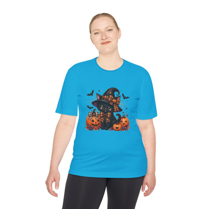 Halloween Witch Cat Tee — Cute Black Cat with Pumpkins & Bats Moisture‑Wicking Shirt