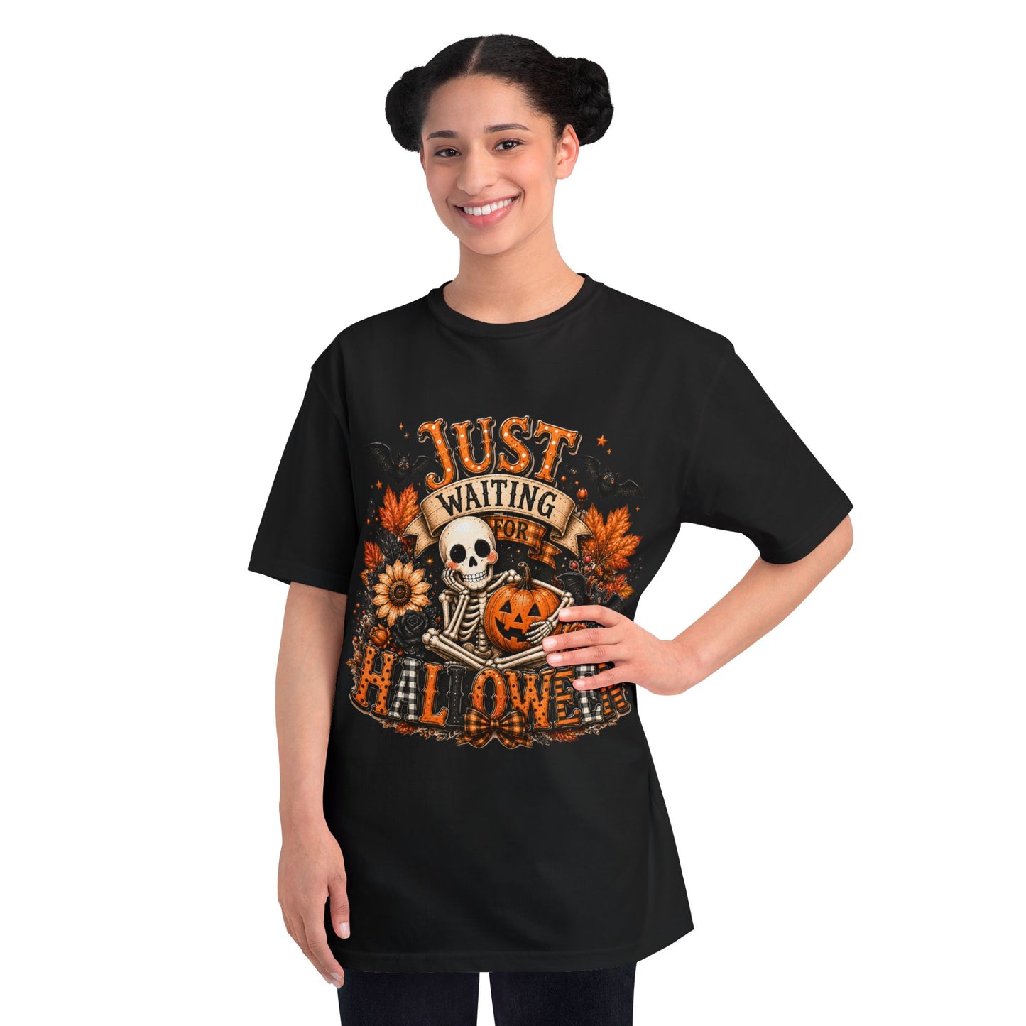 Just Waiting for Halloween T-Shirt — Skeleton Pumpkin Autumn Graphic Tee