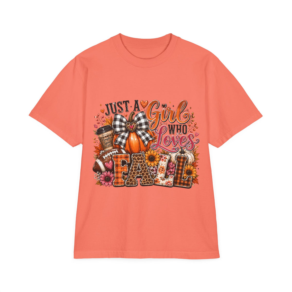 Fall Graphic T‑Shirt — "Just a Girl Who Loves Fall" Pumpkin Plaid Tee
