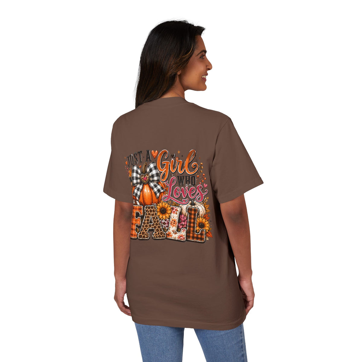 Fall Graphic T‑Shirt — "Just a Girl Who Loves Fall" Pumpkin Plaid Tee