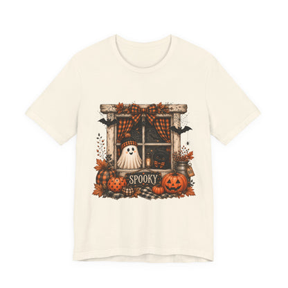 Spooky Window Halloween Tee — Ghost, Pumpkins & Plaid Fall Shirt