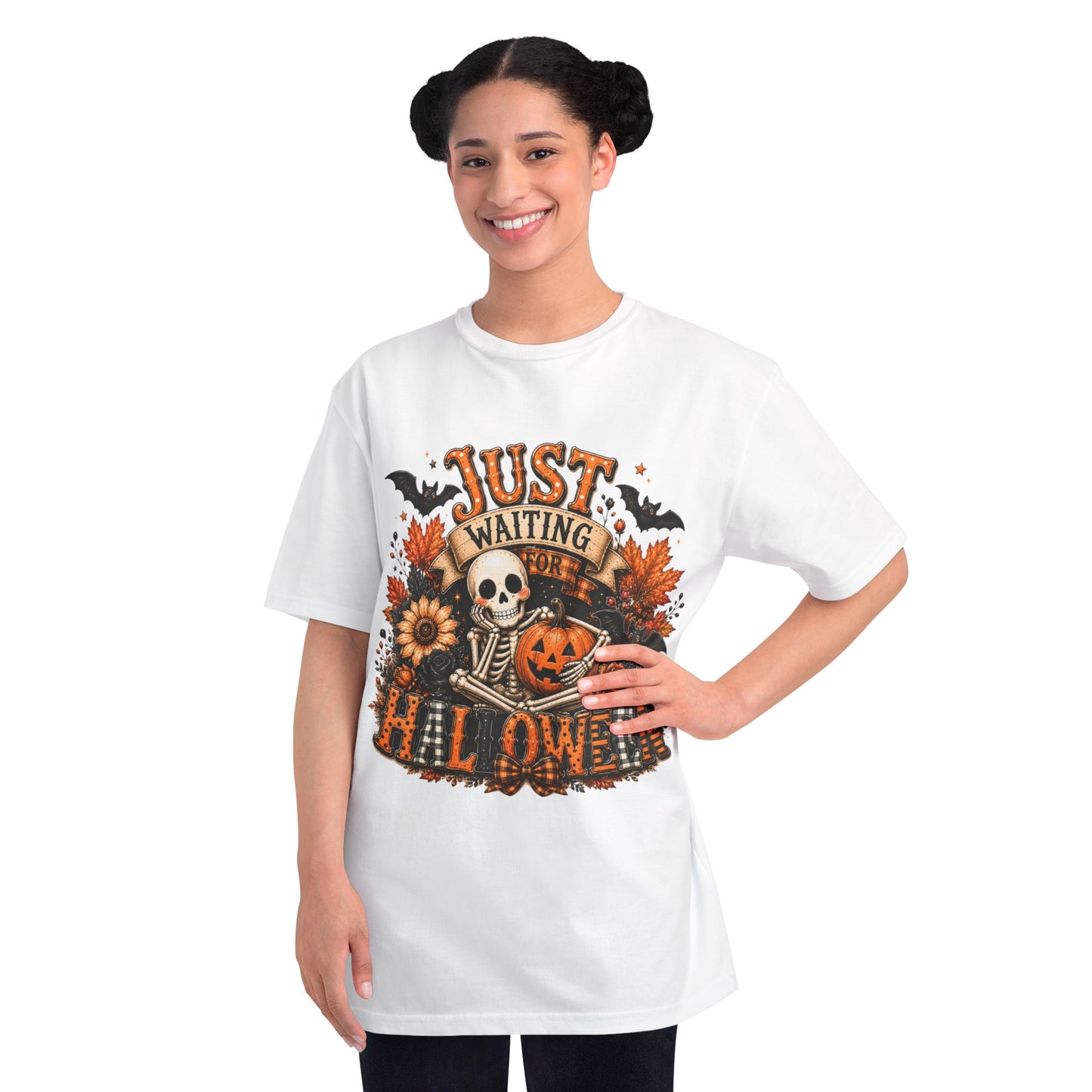 Just Waiting for Halloween T-Shirt — Skeleton Pumpkin Autumn Graphic Tee