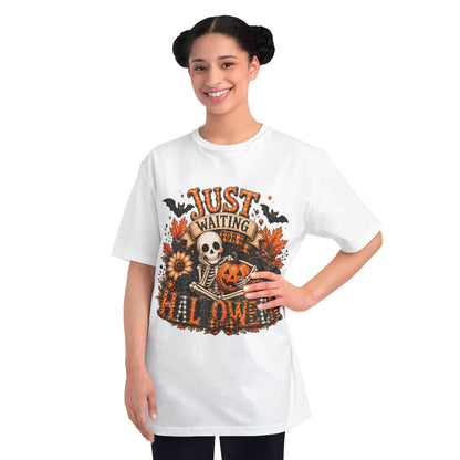 Just Waiting for Halloween T-Shirt — Skeleton Pumpkin Autumn Graphic Tee