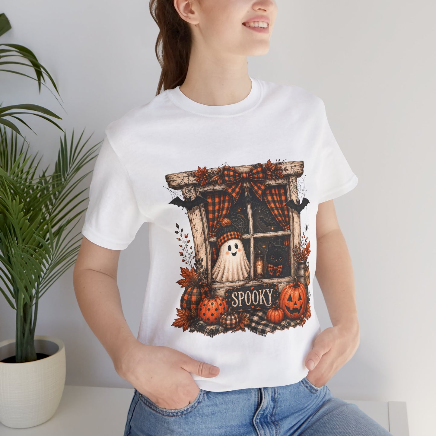 Spooky Window Halloween Tee — Ghost, Pumpkins & Plaid Fall Shirt