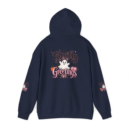 Ghostly Greetings Hoodie — Cute Retro Halloween Ghost Pullover