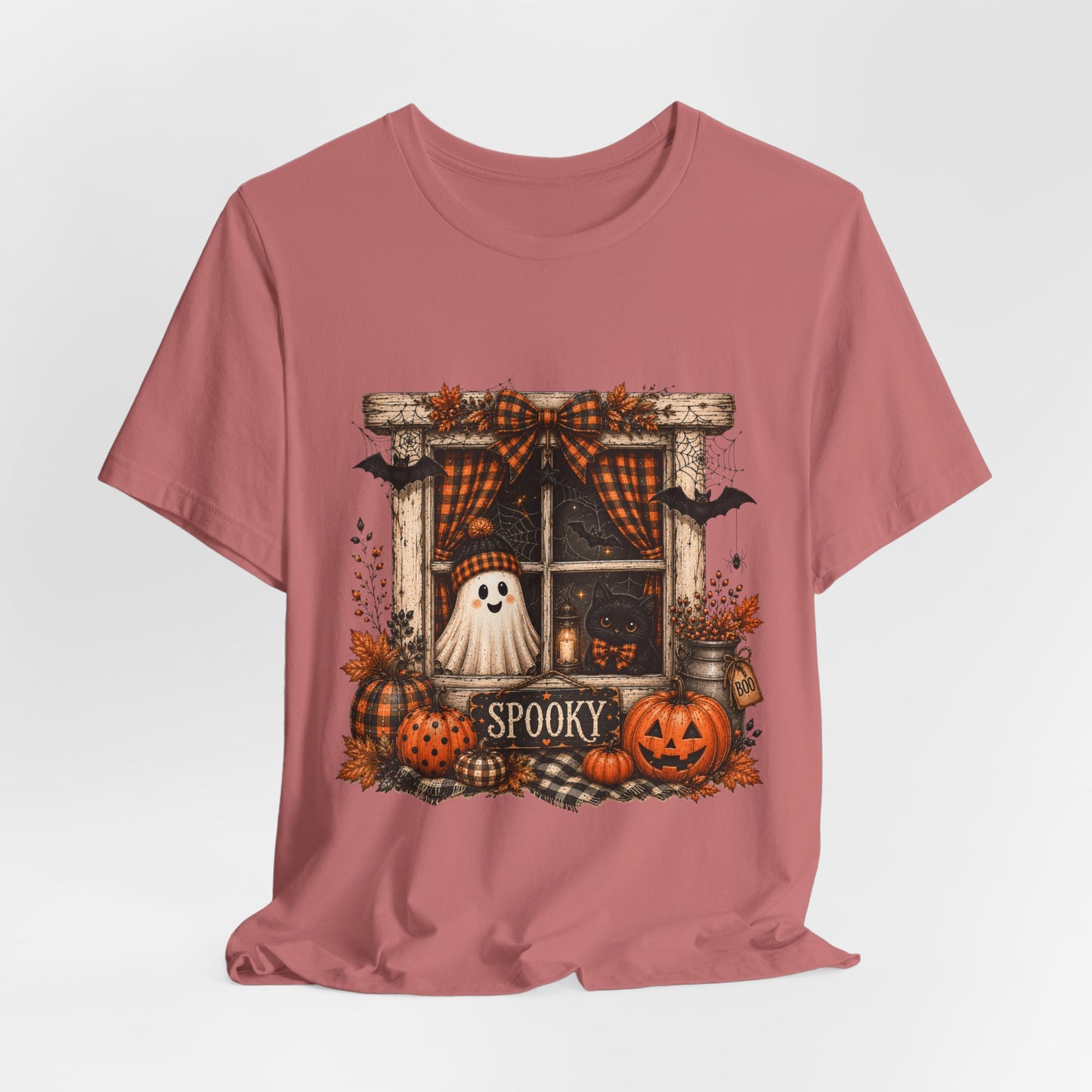 Spooky Window Halloween Tee — Ghost, Pumpkins & Plaid Fall Shirt