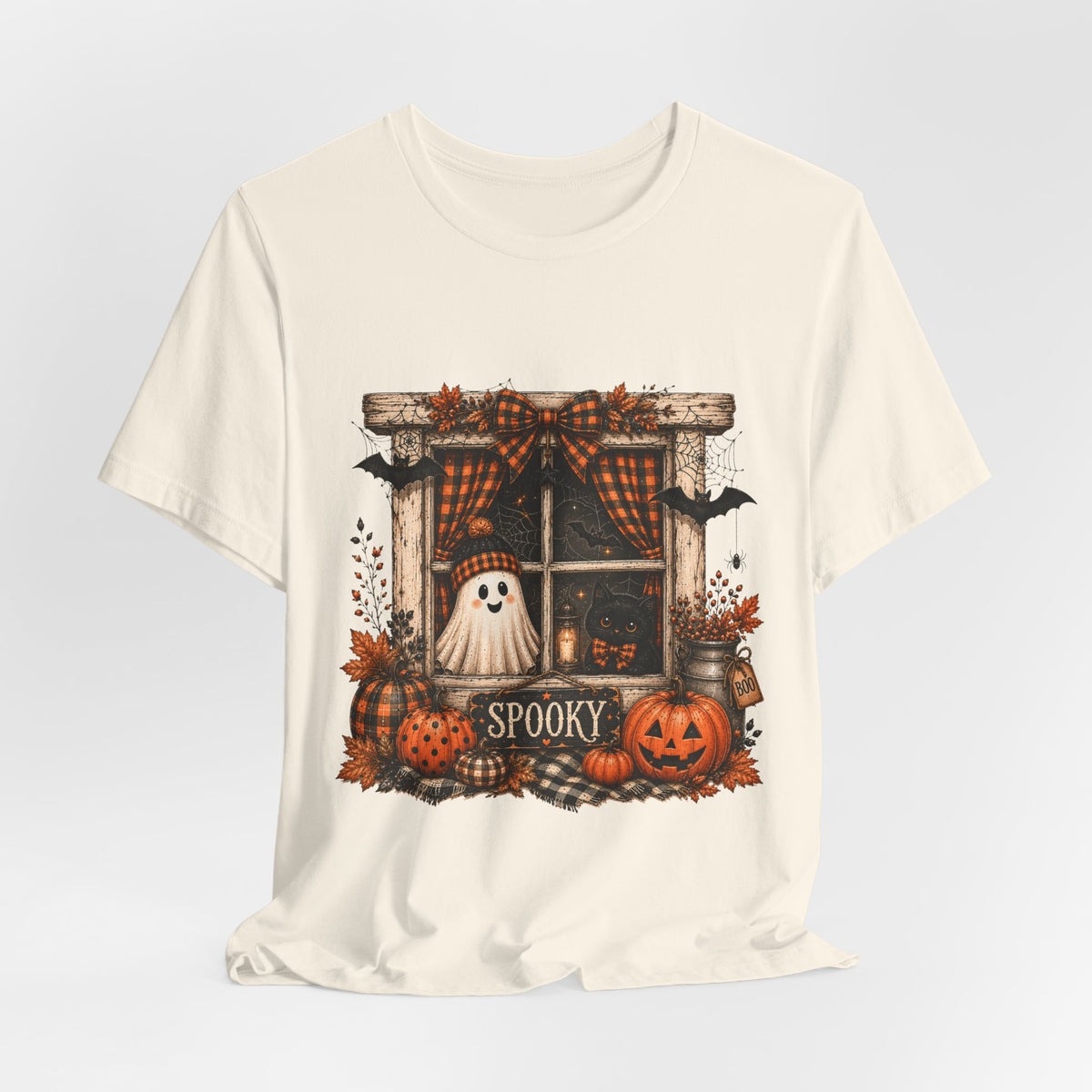Spooky Window Halloween Tee — Ghost, Pumpkins & Plaid Fall Shirt