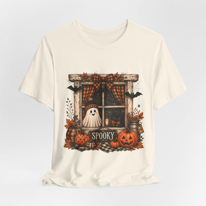 Spooky Window Halloween Tee — Ghost, Pumpkins & Plaid Fall Shirt