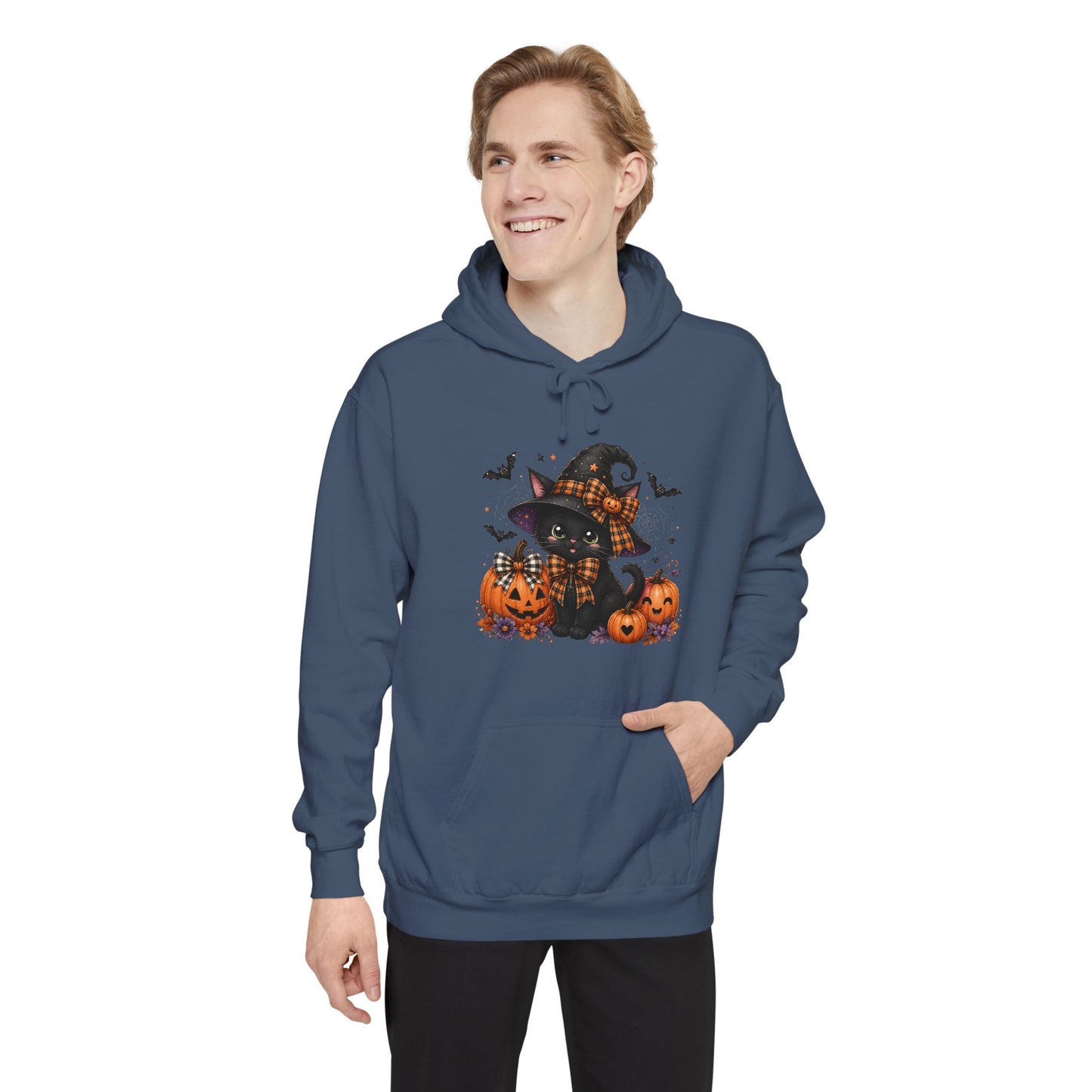 Halloween Cat Hoodie — Witch Hat Black Cat with Pumpkins & Bats
