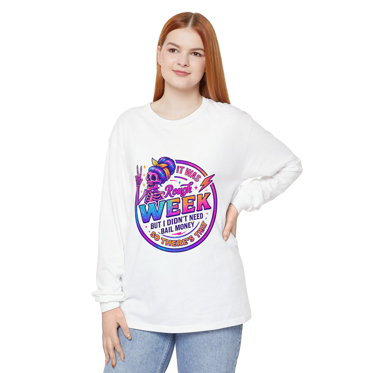 Long Sleeve T-Shirt — “It Was a Rough Week” Retro Skull Graphic
