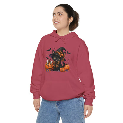 Halloween Cat Hoodie — Witch Hat Black Cat with Pumpkins & Bats