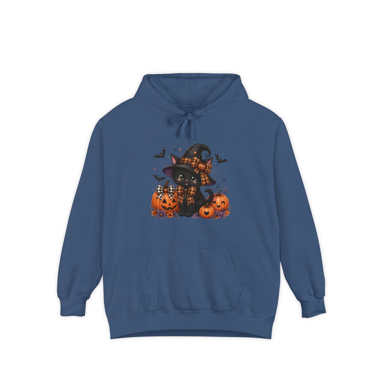 Halloween Cat Hoodie — Witch Hat Black Cat with Pumpkins & Bats