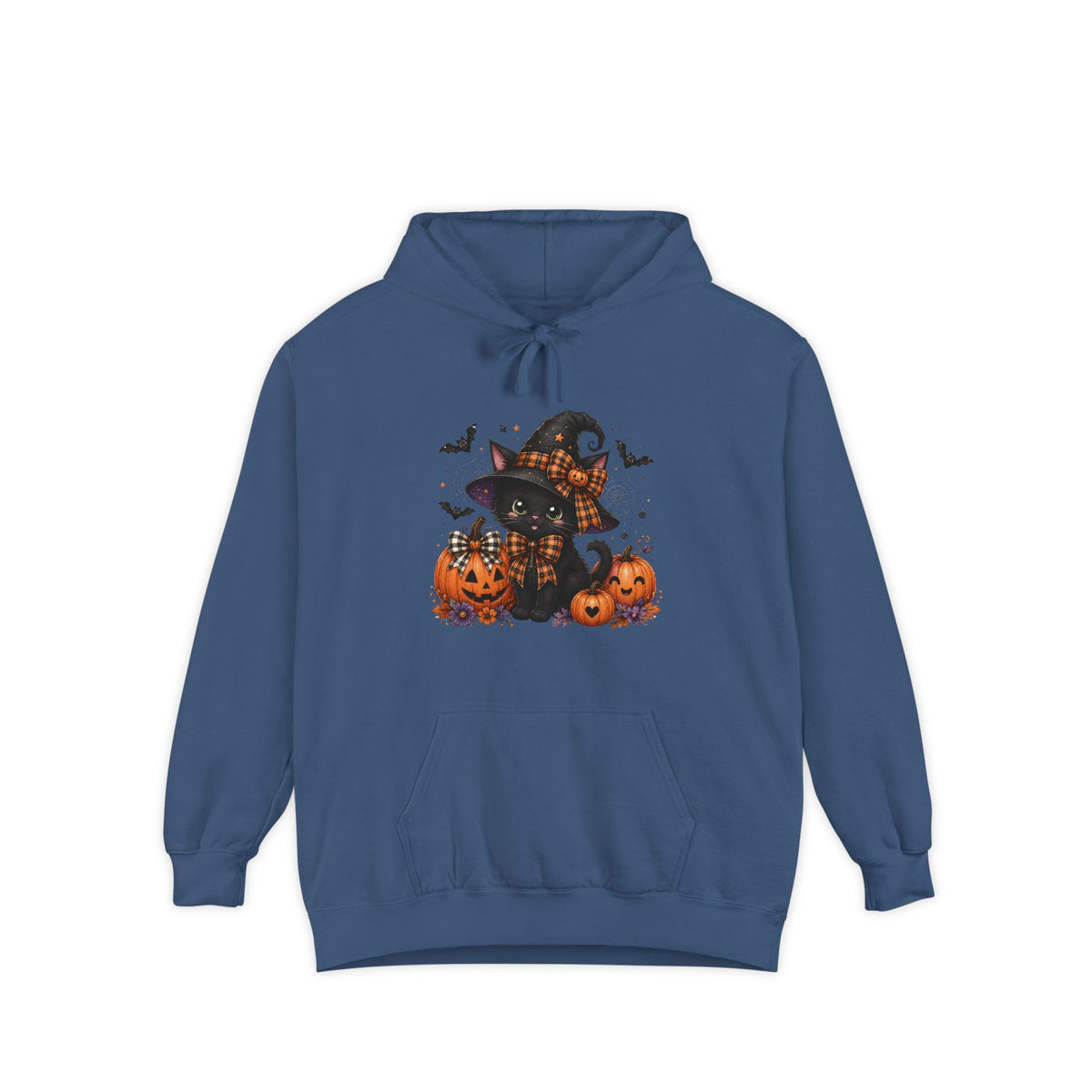 Halloween Cat Hoodie — Witch Hat Black Cat with Pumpkins & Bats
