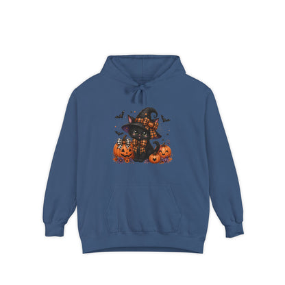 Halloween Cat Hoodie — Witch Hat Black Cat with Pumpkins & Bats
