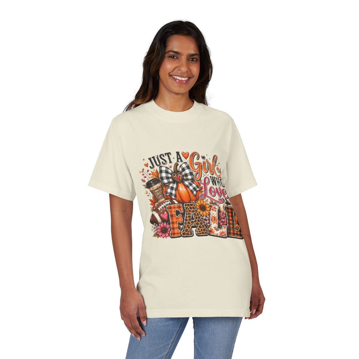 Fall Graphic T‑Shirt — "Just a Girl Who Loves Fall" Pumpkin Plaid Tee