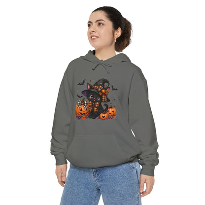 Halloween Cat Hoodie — Witch Hat Black Cat with Pumpkins & Bats