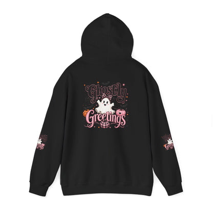 Ghostly Greetings Hoodie — Cute Retro Halloween Ghost Pullover