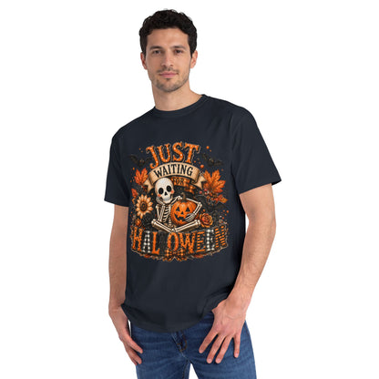 Just Waiting for Halloween T-Shirt — Skeleton Pumpkin Autumn Graphic Tee