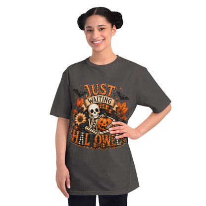 Just Waiting for Halloween T-Shirt — Skeleton Pumpkin Autumn Graphic Tee