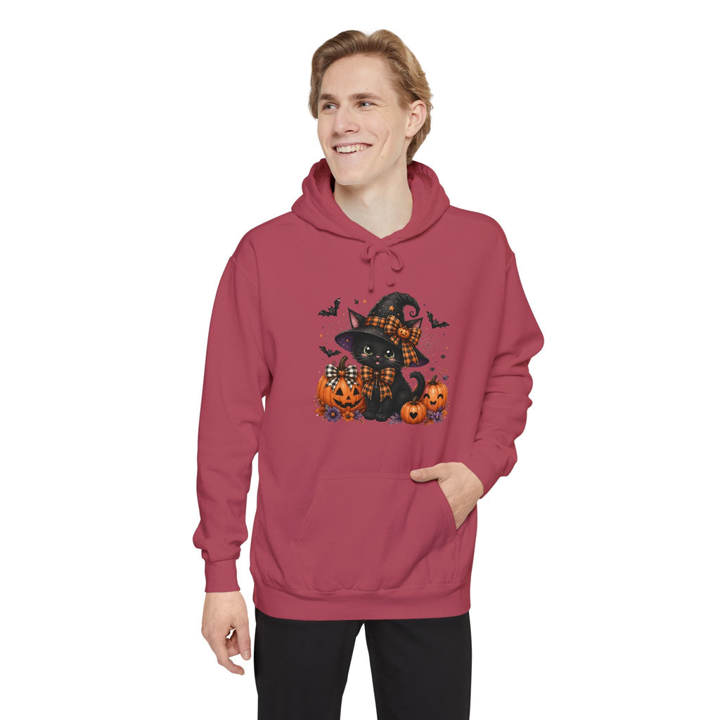 Halloween Cat Hoodie — Witch Hat Black Cat with Pumpkins & Bats