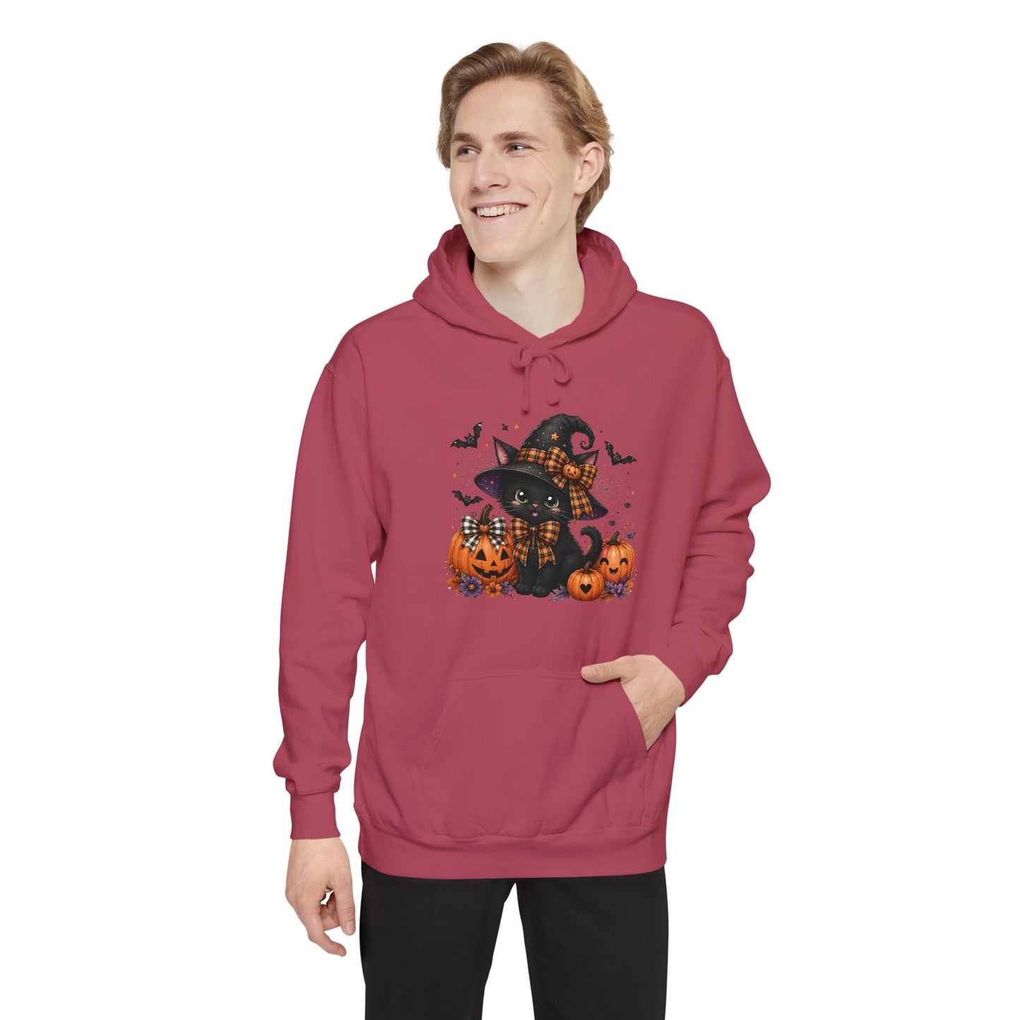 Halloween Cat Hoodie — Witch Hat Black Cat with Pumpkins & Bats